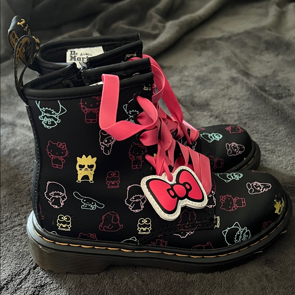 Dr. Martens Black Boots with Pink and Blue Hello Kitty Design